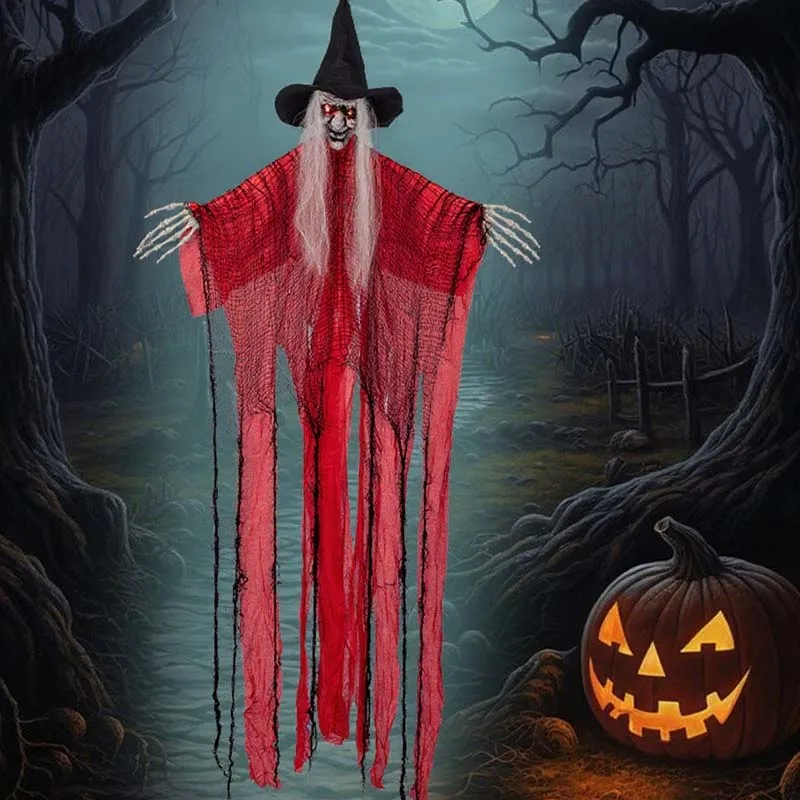 1PC Halloween Red Witch Hanging Ghost Halloween Decor Sound Control Glowing Eyes Haunted House Bar Porch Horror Decoration