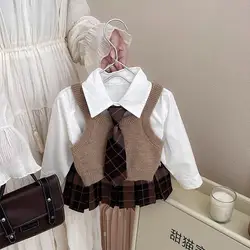 new spring autumn girl clothes 3pc/set white shirt+plaid skirt+sweater vest children baby kids students fashion 90-140