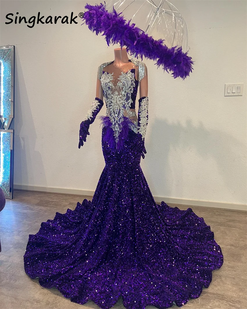 

Sparkly Purple Prom Dress For Black Girls With Two Gloves Glitter Bead Crystal Feathers Gown Birthday Party Gown Customized
