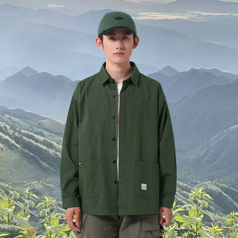 Men's Oversized Khaki Cotton Shirt Jacket Long Sleeve Button Down Utility Pocket Casual Streetwear Outerwear