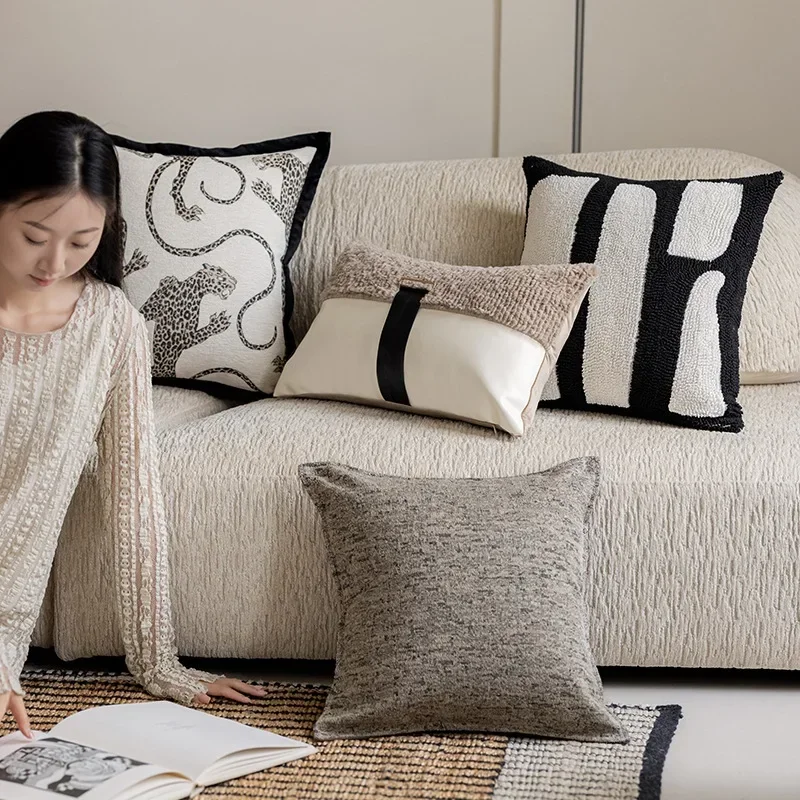 Modern simple black and white pillow cover living room sofa high-end backrest model room leopard jacquard cushion cover