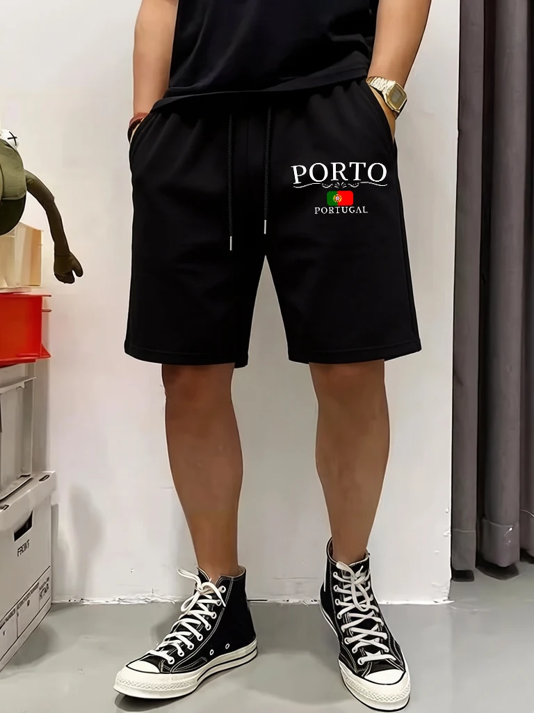 

Porto Portugal Letter And Flag Design Pocket Men Shorts Summer Soft Pants Drawstring Streetwear Unisex Fashion Street Clothing