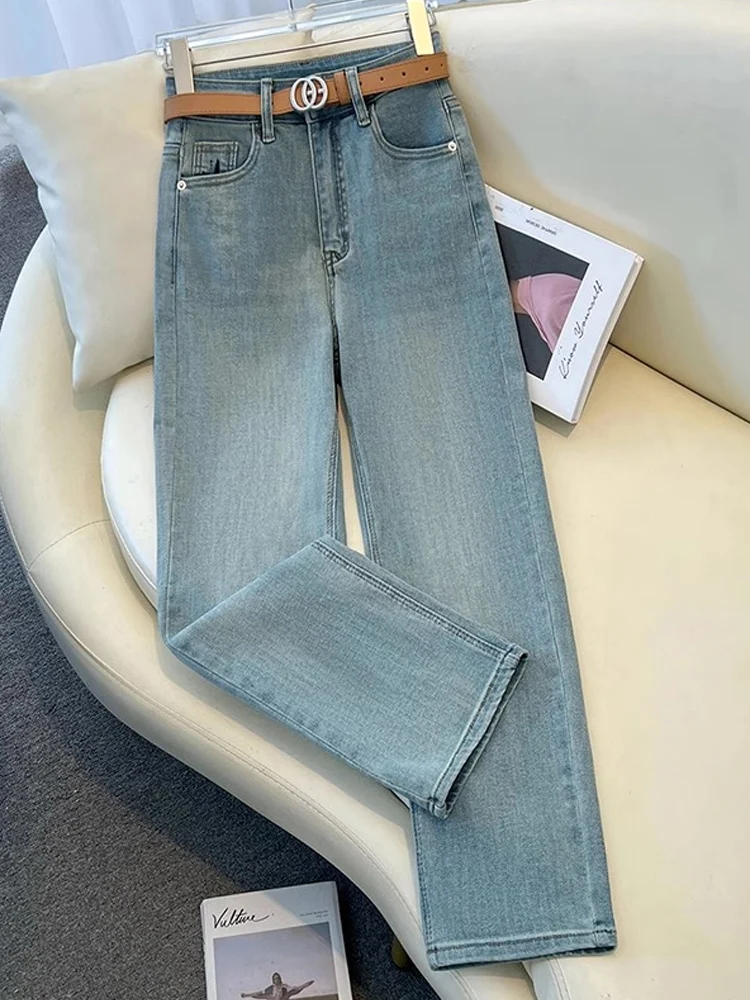 

Узкие прямые джинсы, женские хлопковые брюки с высокой талией, весна-лето, новые брюки с девятью точками, эффект удлинения и похудения