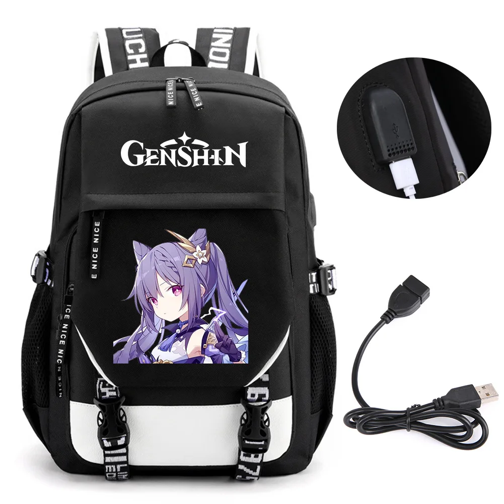 Anime Genshin Impact zaino School Book Bags Mochila Travel USB Port Bag Laptop Boy Girls zaino