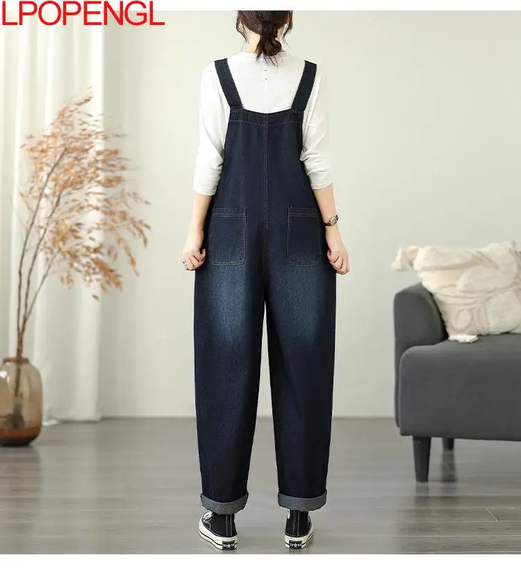 Outono novo retro angustiado cowboy cinta macacão feminino solto casual de uma peça calças de perna larga retalhos bolso streetwear jeans