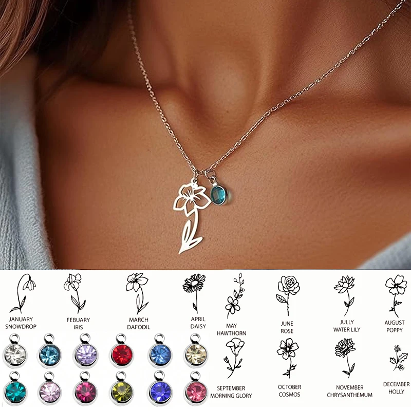 12 Months Birthstone Birth Flower Necklace For Women Stainless Steel Jewelry Birthday Gifts