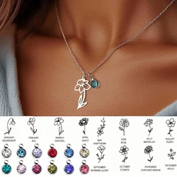 12 Months Birthstone Birth Flower Necklace For Women Stainless Steel Jewelry Birthday Gifts