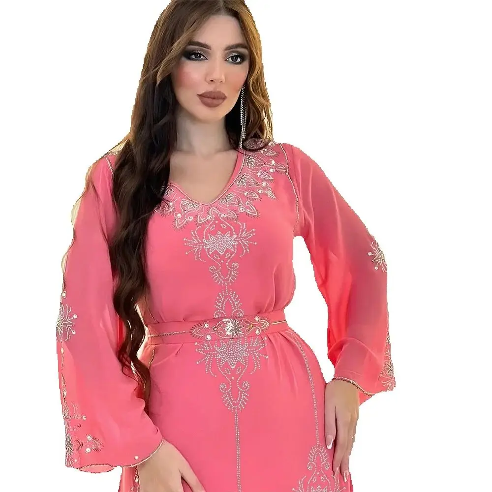 

Muslim Women Chiffon Diamonds Party Dress Eid Mubarak Dubai Abaya Turkey Kaftan Islamic Jalabiya Saudi Arabic Robe Ramadan Gown