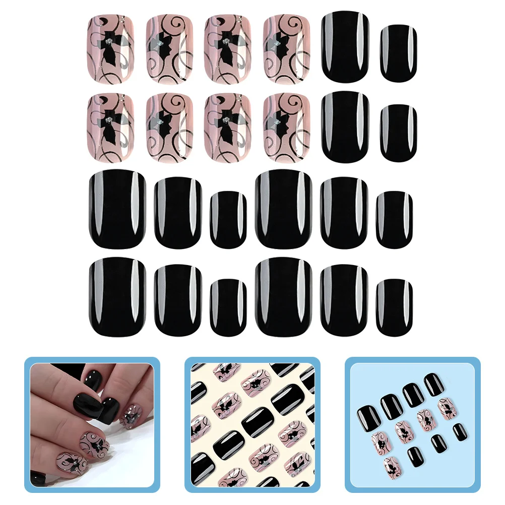 

1Set Full Cover Black Butterfly Vine Press on Nails Short Fake Nail Tips for Women Strong Adhesive Easy Application Fashionable