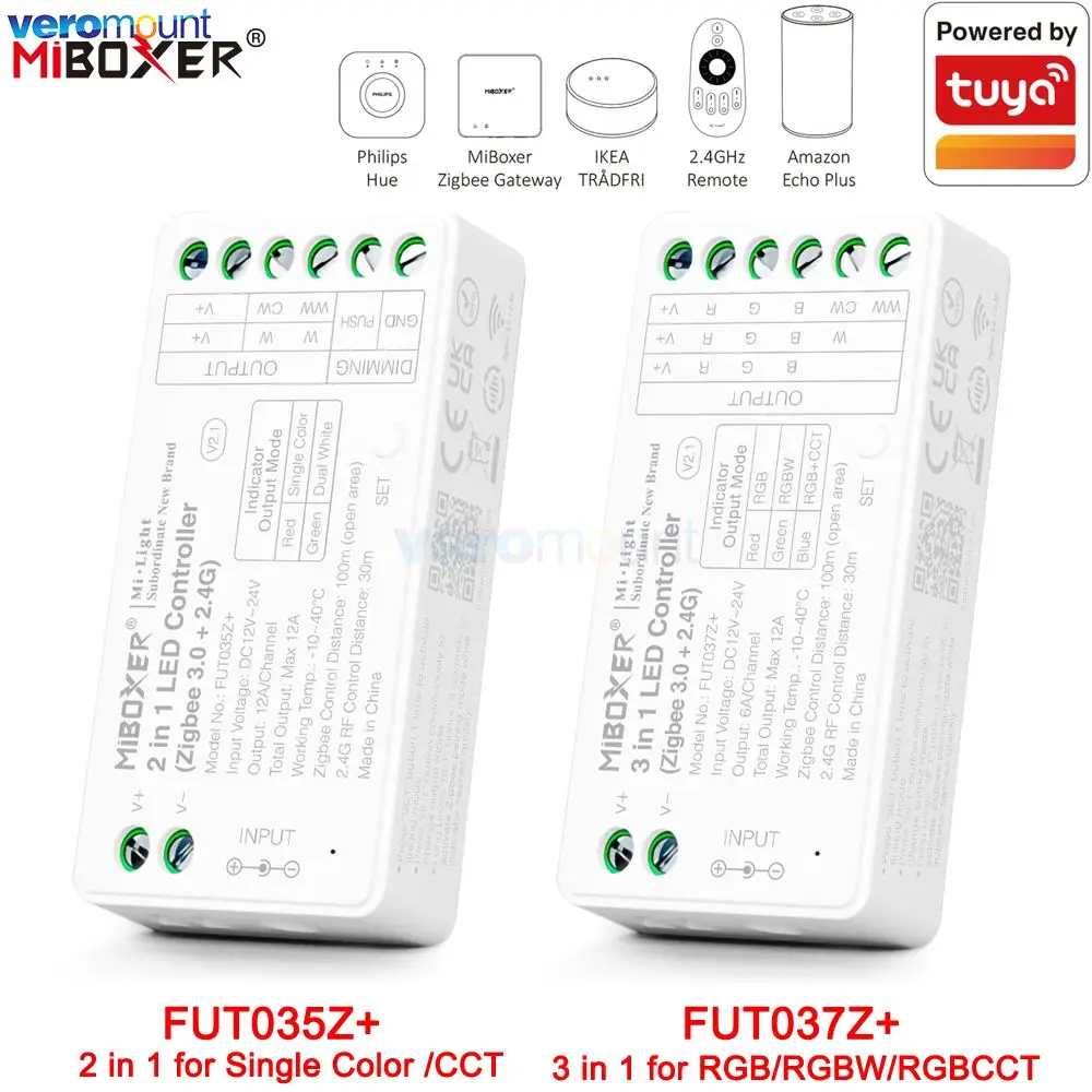 

MiBoxer Zigbee 3.0 + 2.4G RF Controller FUT035Z+ 2in1 FUT037Z+ 3in1 for DC12-24V Single Color Dual White RGB RGBW RGBCCT Strip