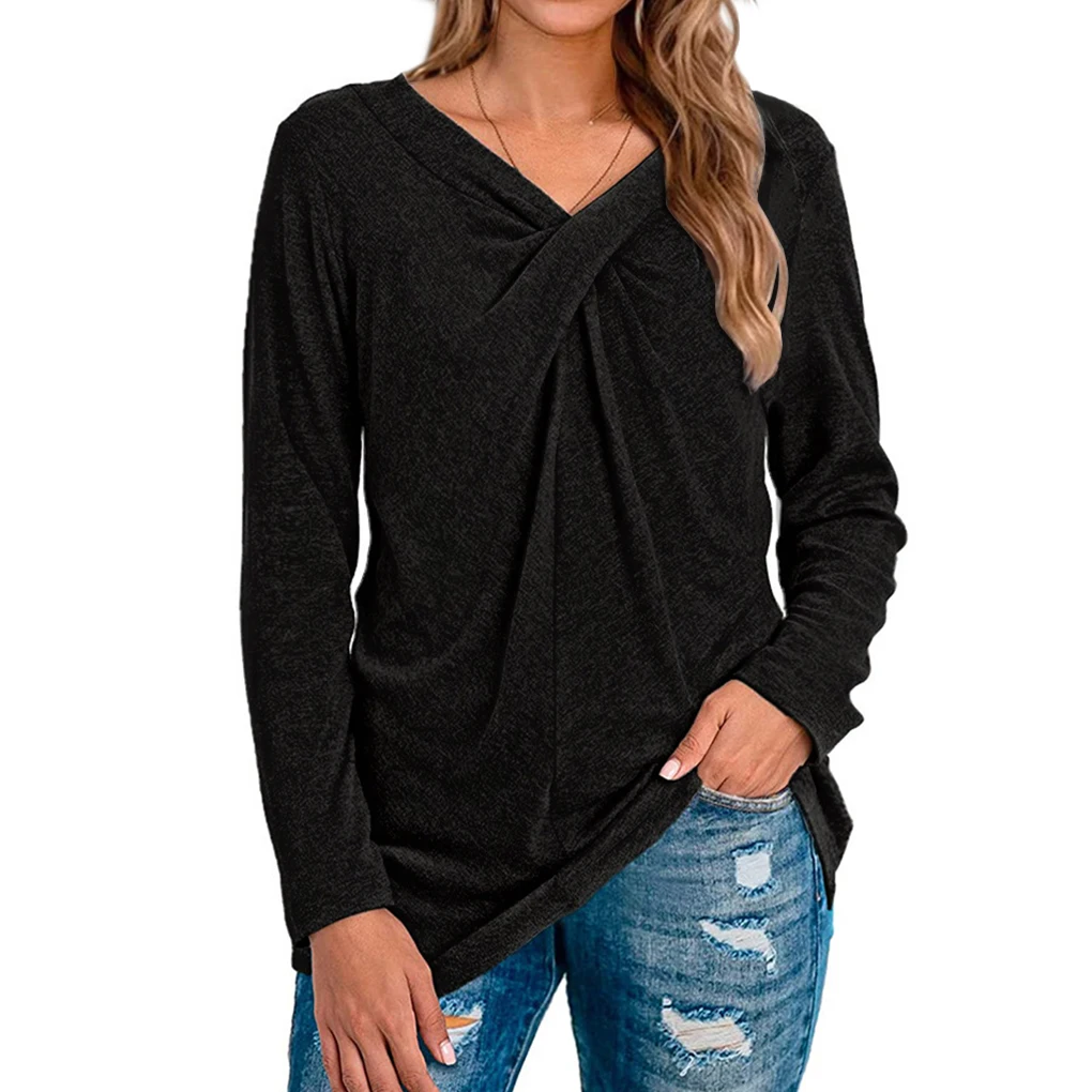 Damska koszulka z dekoltem w serek, bluzka z długim rękawem, jednolita, w kolorze burgundowym, rozmiar L