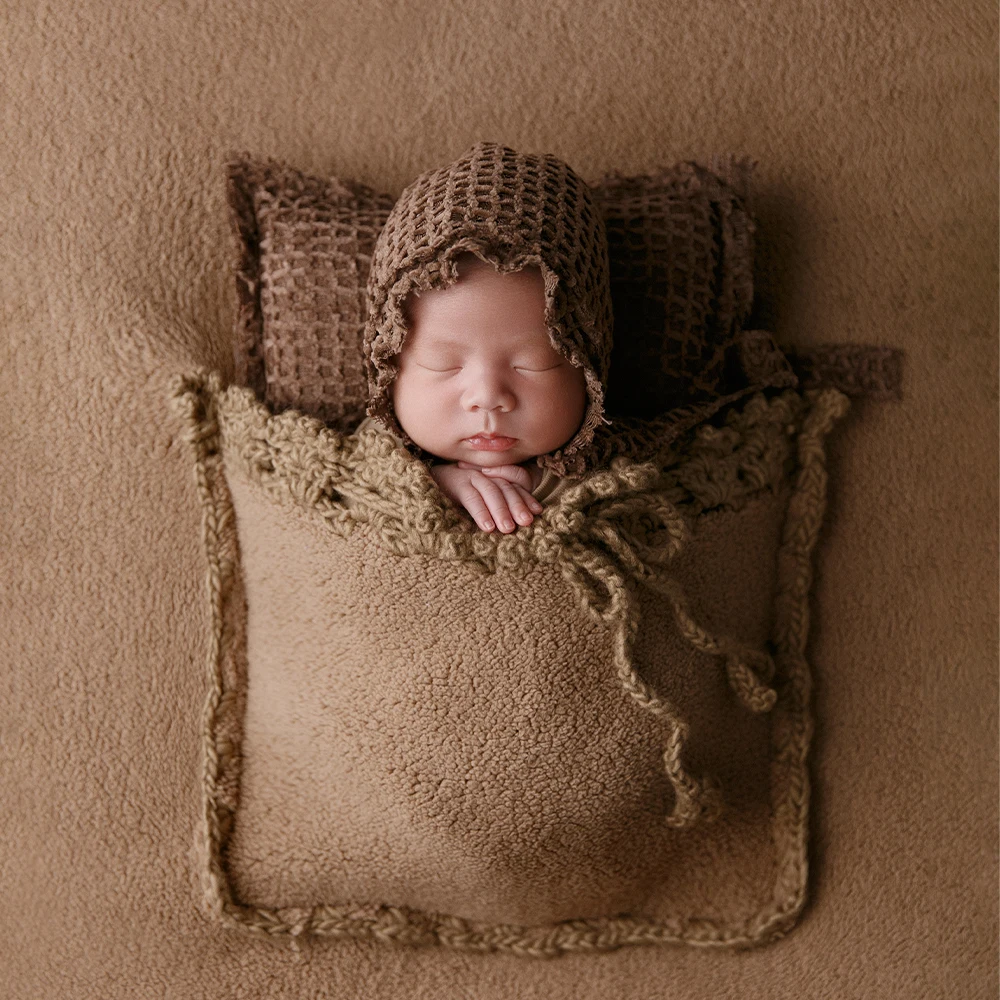 Newborn Baby Photography Props Headdress Brown Wool Background Blanket With Pocket Hat + Pillow Studio Baby Creative Photo Props