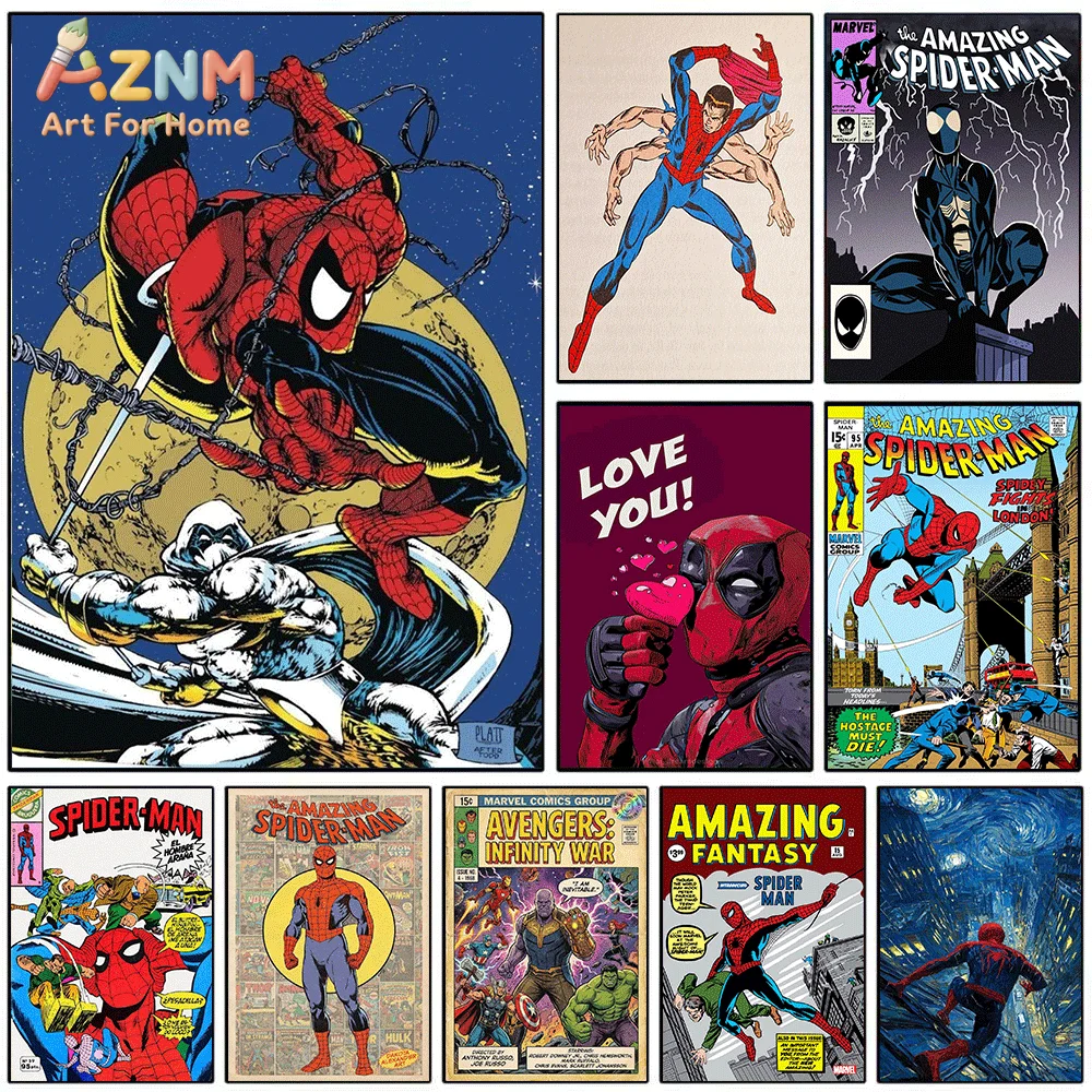 AZNM Spiderman Vs Villain Moon Background Swing Action Comic Canvas Wall Print, Vintage Superhero Fight Scene Art Poster, Unfr