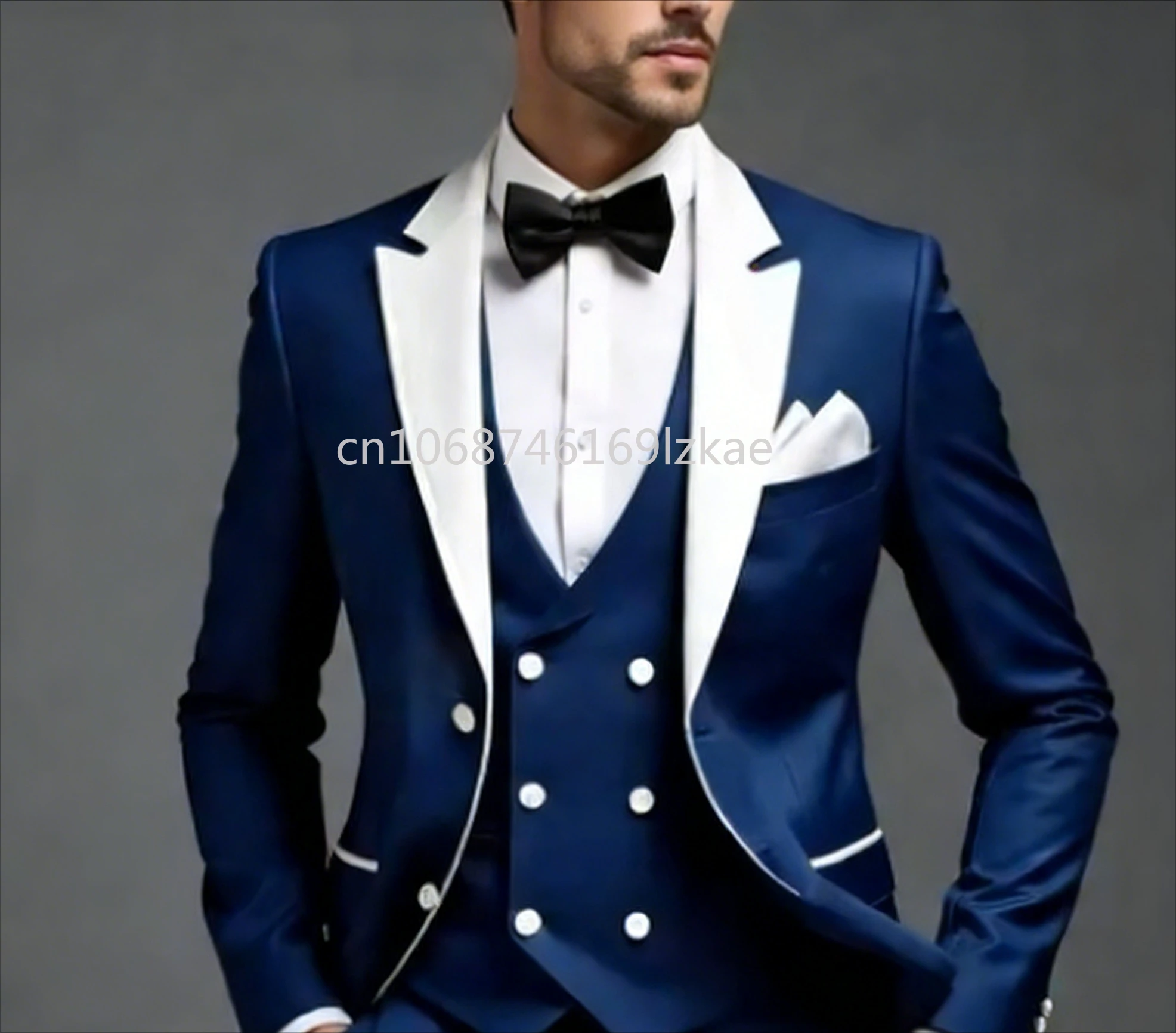 

Navy Blue And White Formal Business Men Suit Groom Groomsman Wedding Party Prom Male Tuxedos 3 Piece Set Blazer Vest Pants