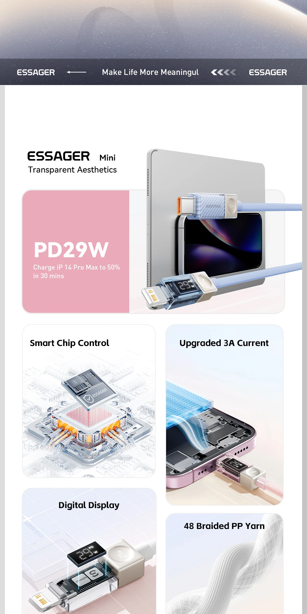Essager USB-C-Kabel für iPhone 14 13 12 11 Pro Max Xs Digitalanzeigekabel PD 29 W Schnellladung Typ C zum Beleuchtungsdatenkabel – Detail 2