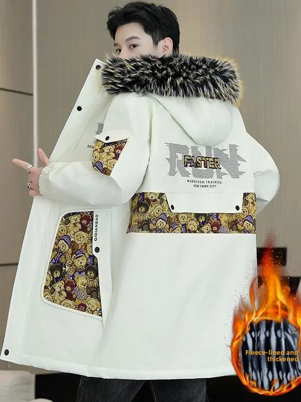 

Хлопковая куртка Thiened Fce для мальчиков-подростков, зимняя теплая парка с капюшоном, свободная посадка из полиэфирного волокна, повседневная молодежная мода