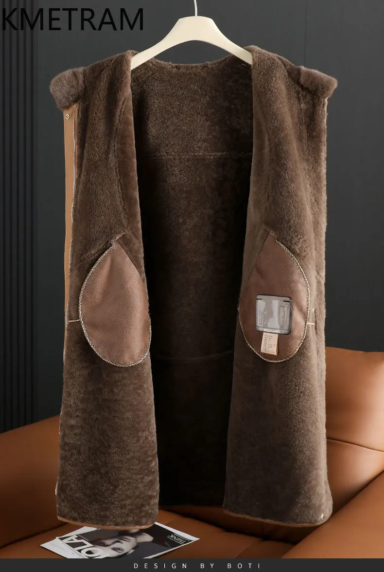 KMETRAM Cappotto di pelle di pecora naturale integrato Donna Giacca lunga di lusso in vera pelliccia con cappuccio 2025 Abbigliamento invernale donna Collo di pelliccia di visone