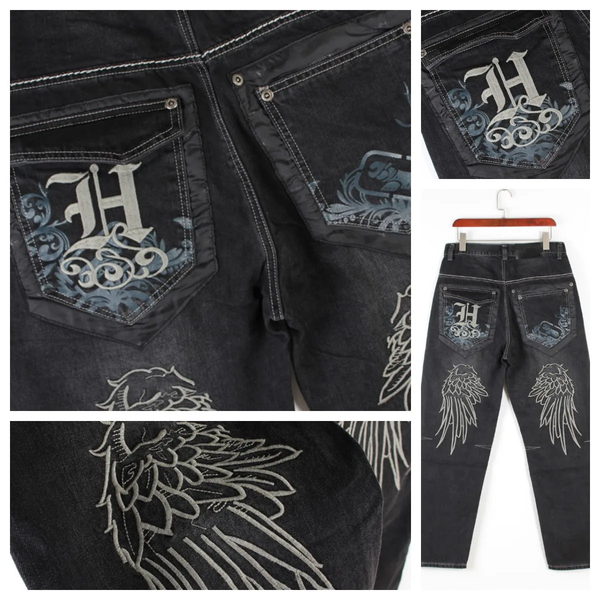 Men\'s Vintage Hip Hop Style Baggy Jeans Embroidery Denim Loose Fit Dance Skateboard Pants