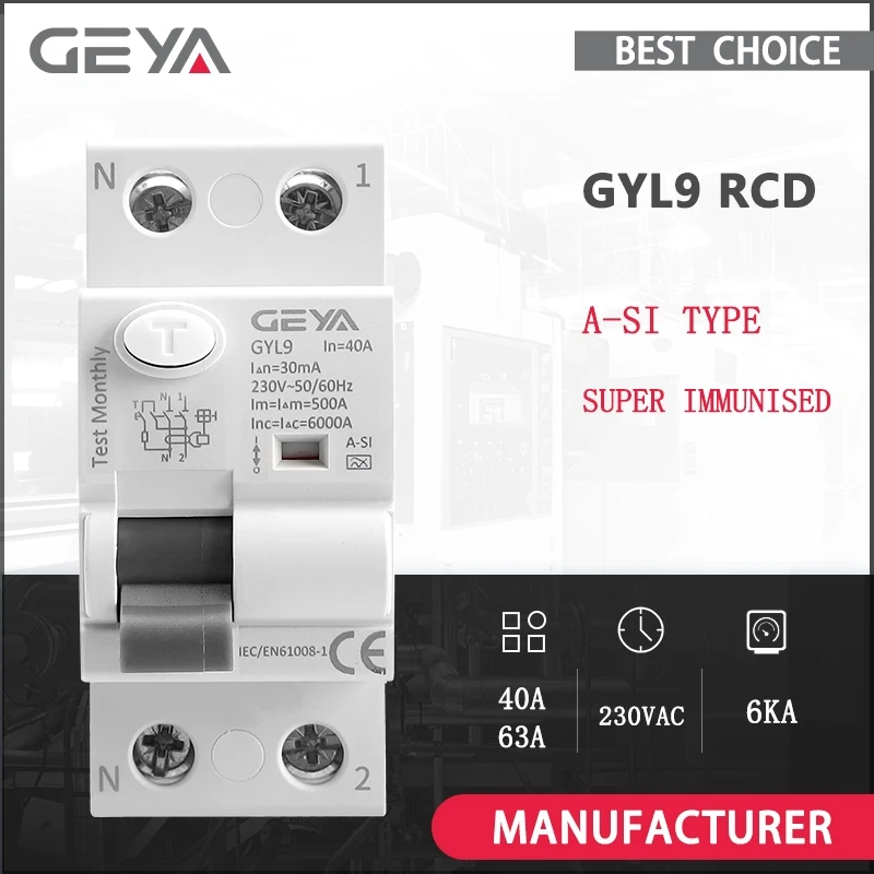 GEYA GYL9 A-SI Type Time Delayed RCD RCCB ELCB Electromagnetic Circuit Breaker 40A 63A 30mA 0.03A Type A-SI Super Immunised