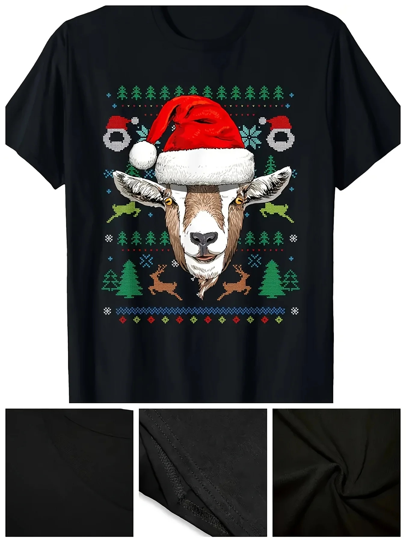

Men's Ugly Christmas Goat Tee - Festive Goat/Reindeer, Santa Hat/Snowflakes, 100% Cotton, Farm Animal Lover Holiday Outfit
