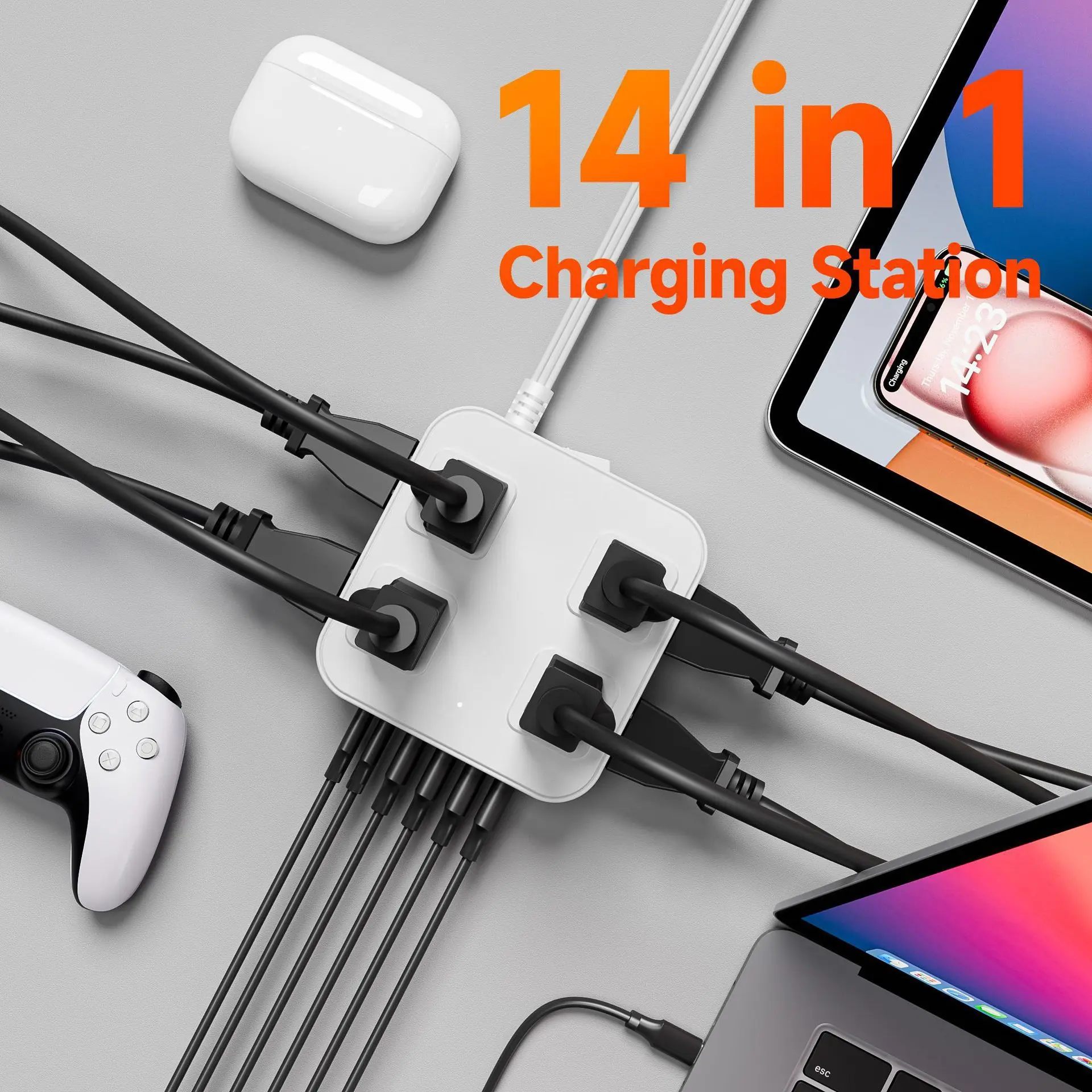 US Standard Power Strip 14 in 1 Multi‑Outlet Socket With 6 USB Ports Surge Protection Extension Cord Desktop Charger Station