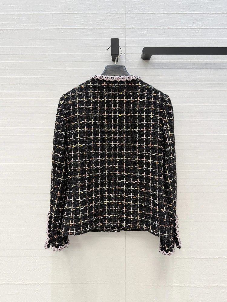 Spring Autumn Fashion Vintage Plaid Casual Straight Barrel Jackets Women's O-Neck Long Sleeve Sequins Crystal Beading Coat
