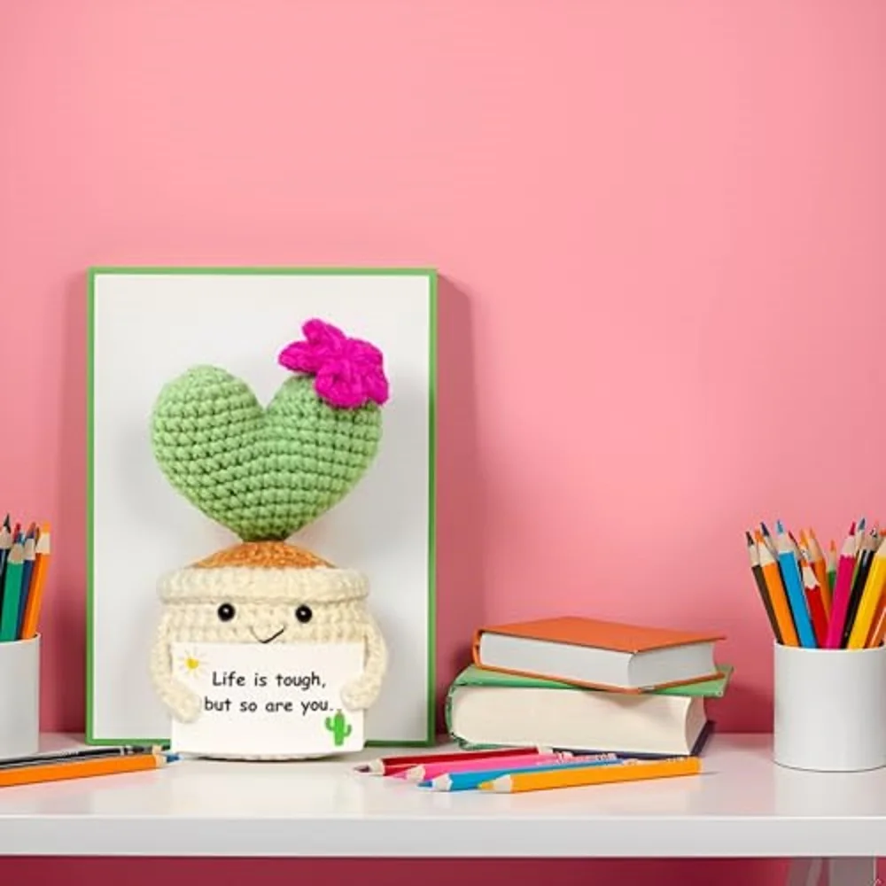 Get Well Gifts for Women, Handmade Crochet Cactus– Plush Plant Gift with Encouragement Card for Desk