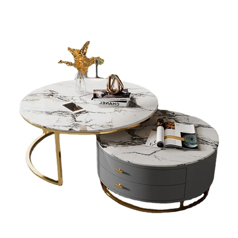 Modern Luxury Coffee Tables Round Marble Effect Nordic Drawer Side Table Legs Metal Storage Kaffee Tische Living Room Furniture