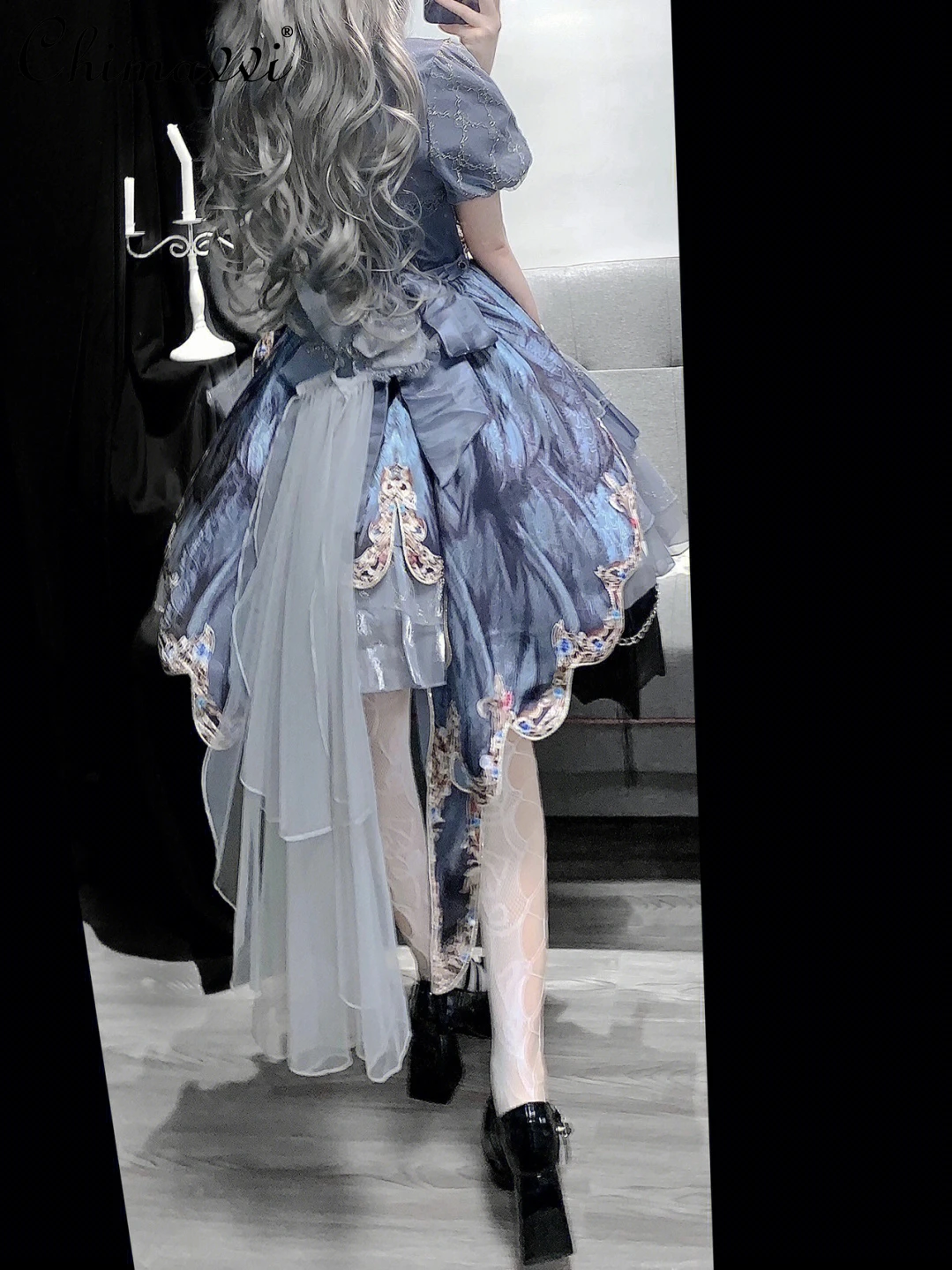 Gray Lolita Waistcoat JSK Dress Female Princess Style Dress Sets Girl High Waist Slim Short Tulle Tutu Dress Sweet 3-Piece Set