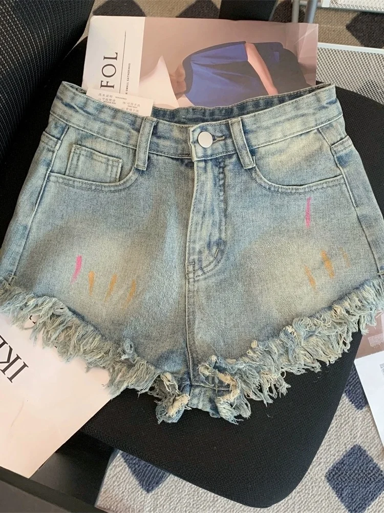 High Waist Short Shorts Women's Summer Slimming Vintage Washed A-Line Wide Leg Hot Pants High Waist Flip  Denim Shorts
