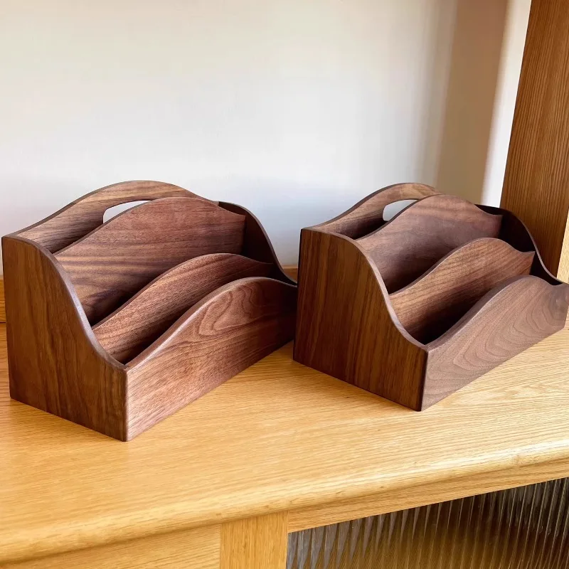 Vintage Mail Organizer Box Walnut Wood Letter Holder Postcard & Magazine Storage Handcrafted Desktop Display Case for Stationery