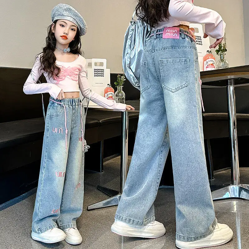 

Популярные модные джинсы Kawaii для девочек, студенческие осенние повседневные брюки с героями мультфильмов, прямые брюки со средней талией, детская одежда