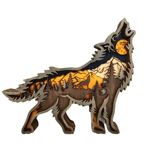 Wood Carving 3D Hollow Forest Animal Wolf Wall Decoration Home Wall Carving Decoration Suitable For Country Decoration