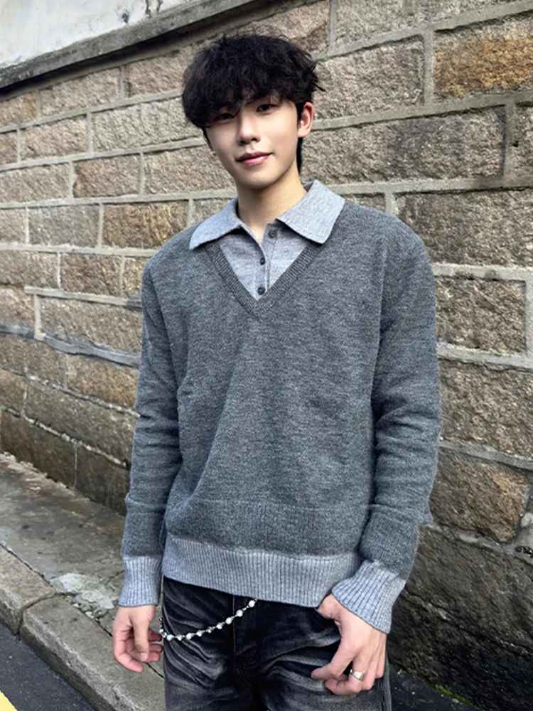 

Мужской свитер в американском ретро-стиле с эффектом двухслойности, вязаный, с V-образным вырезом, в университетском стиле, с длинным рукавом, повседневная одежда
