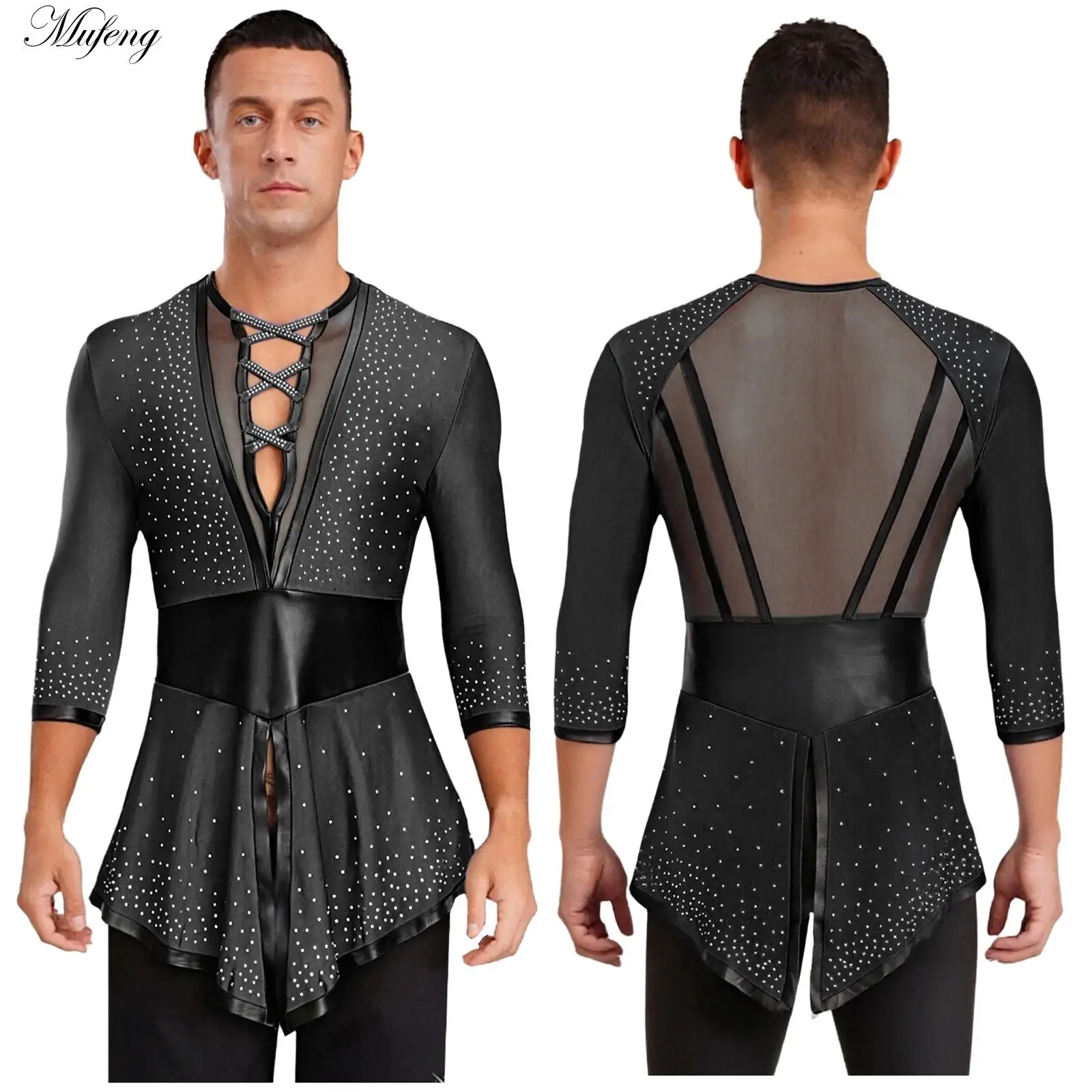 Mens Elegant Latin Tango Flamenco Ballrooms Dance Outfit V Neck Long Sleeve Swallowtail Shirt Tops for Latin Jazz Dance Show
