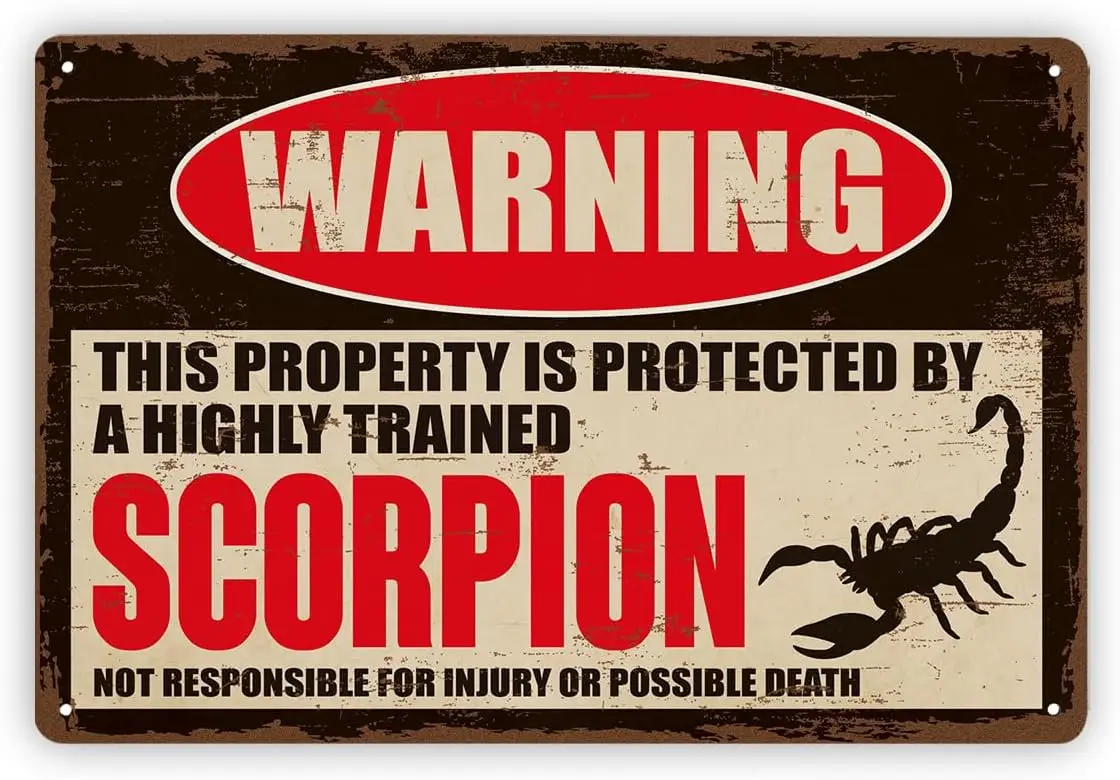 Novelty Tin Plaque Scorpion Warning Wall Decor, Retro Metal Sign, Vintage Rustic Patio Garage Fence Accent, Funny Desert Animal