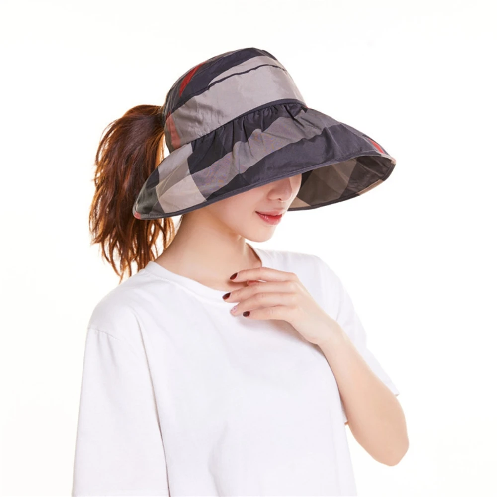 Sombrero de cubo plegable a cuadros para mujer, visera de protección solar para vacaciones en la playa, gorra clásica de ala grande, sombreros de