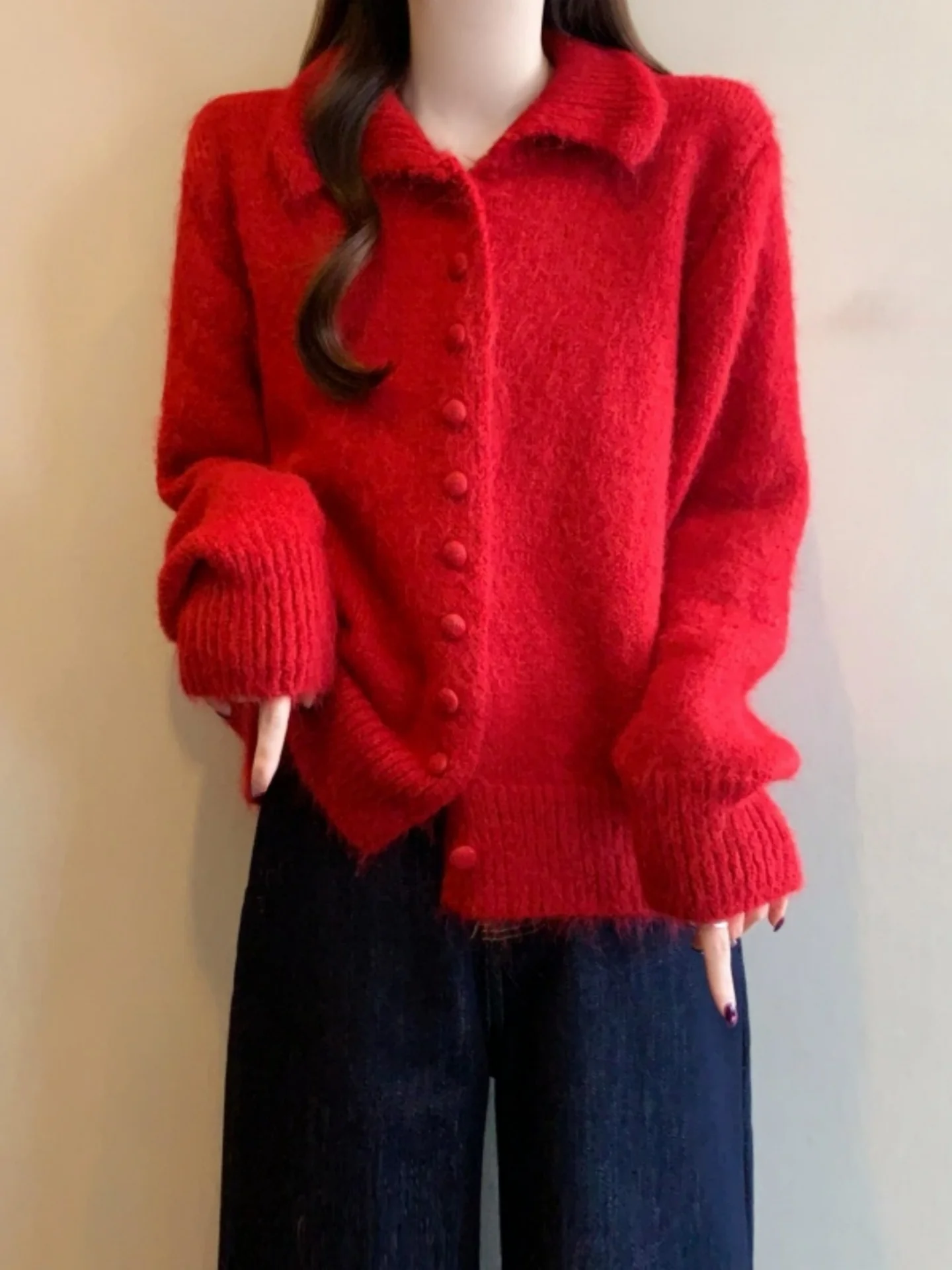 

Red High Collar Knitted Cardigan Sweater Short Style Spring Autumn plus Size Slimming Top for Women Lucky Year Outerwear