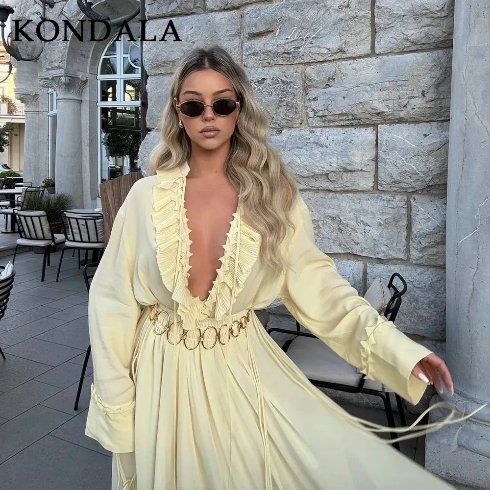 KONDALA 2025 الربيع الصيف عادية زبدة الأصفر النساء الدعاوى موضة الخامس الرقبة Ruched رقيقة قمصان شيك الرباط فضفاض سيدة التنانير