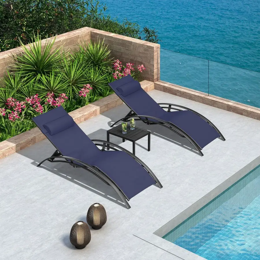 Patio Chaise Lounge Set Outdoor Beach Pool Sunbathing Lawn Lounger Recliner Outside Tanning Chairs with Arm for All Weather Side