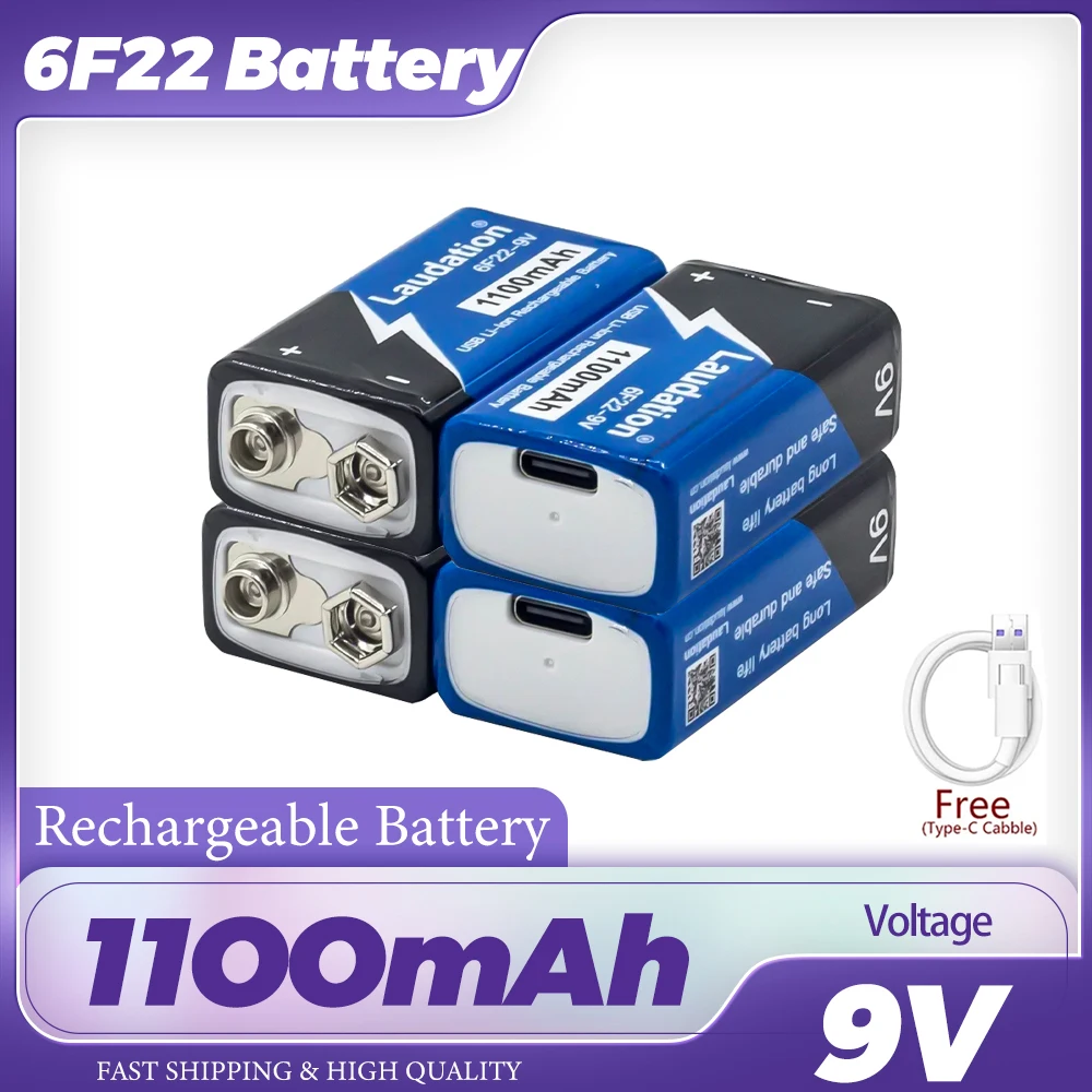 Batería recargable de iones de litio 6F22, Pila de 9V, 1100mAh, para helicóptero, modelo, micrófono, juguete, Control remoto, USB, 9V, viene con tipo C