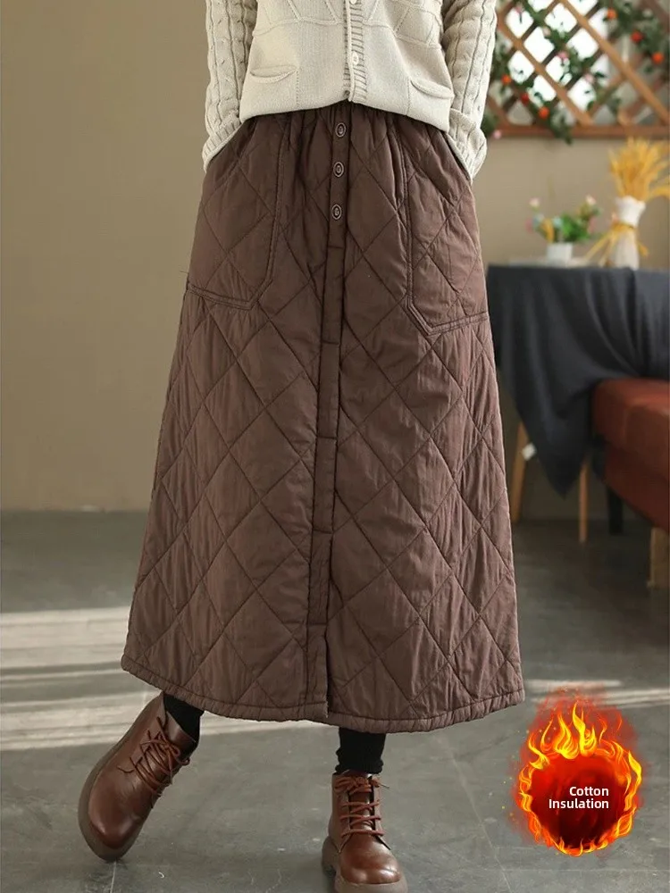 Geschnittener Winter-F-Rock mit Knopf und großem Ket-Midirock in A-Linie mit hoher Taille für Damen, Baumwollmischung mit Rautengittermuster