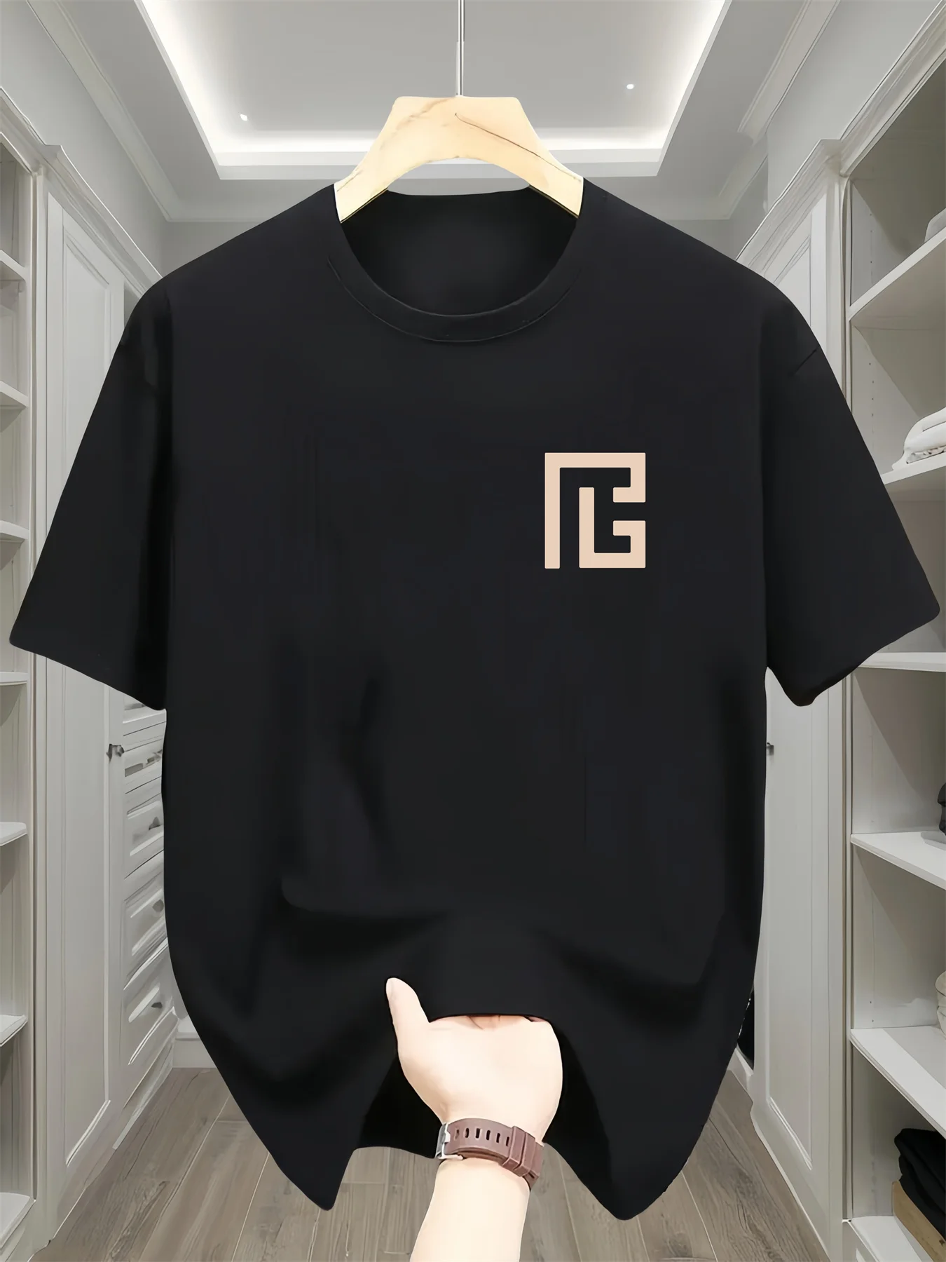 Men's summer 100% pure cotton fashionable casual sports loose geometric pattern printed round neck short sleeved T-shirt top