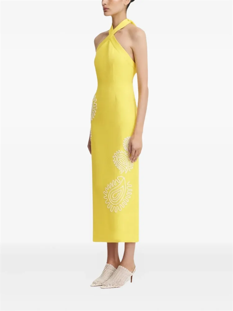 Customized Exquisite Yellow Irregular Pattern Party Event Dress Sleeveless Halter Neck Strap Design Skirt Embroidered Dress