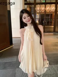 Ezgaga Woman Dress Sweet Sleeveless Halter Ruffles Solid Summer Fashion Mini Dresses Pleated Female Elegant Party Sexy