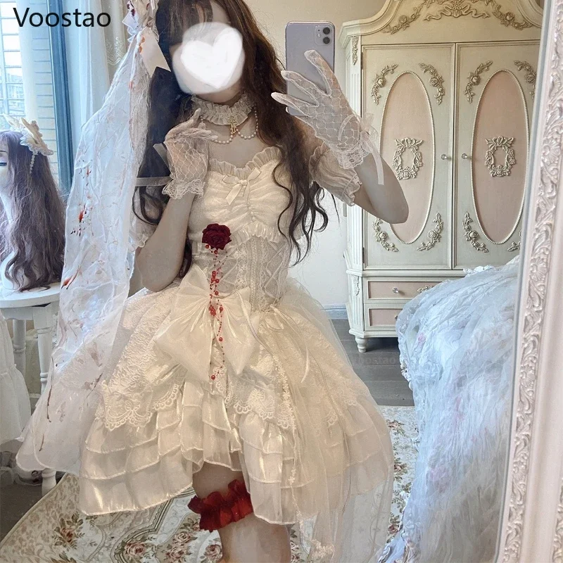 Gothic Lolita Princess Dress Women Vintage Terror Blood Bride Halloween Party Dresses Female Y2k Bandage Rose Lace Mini Vestidos