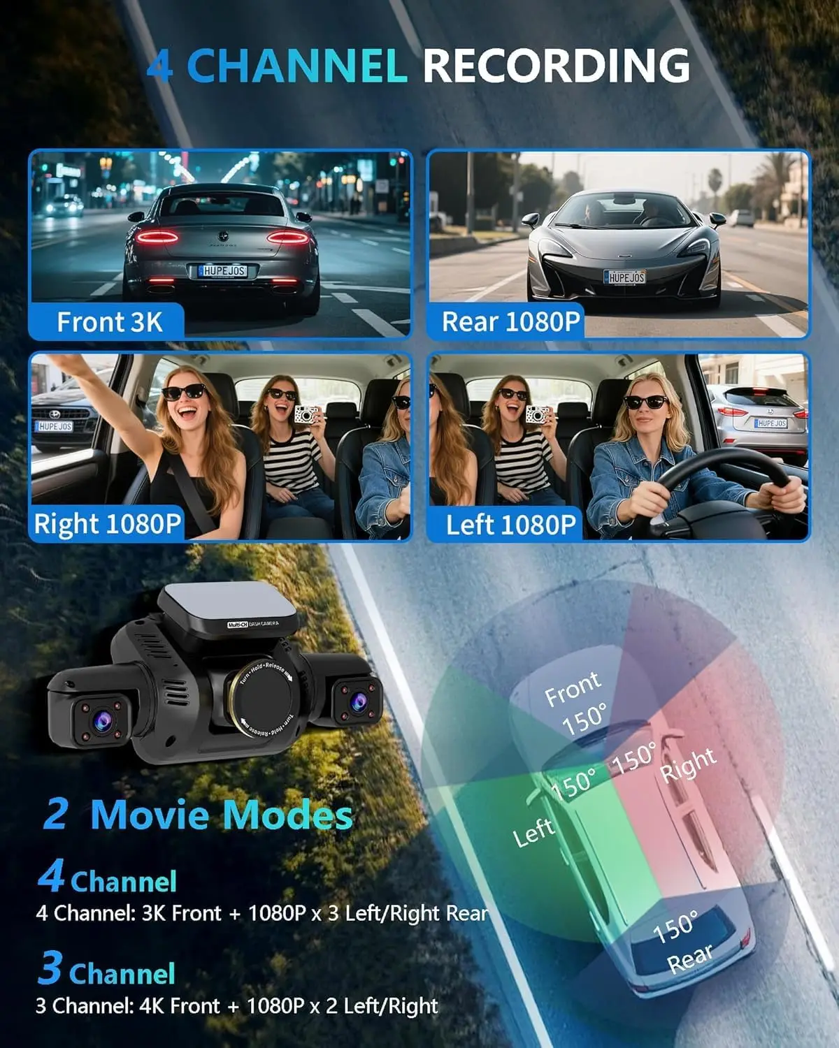4 Channel Dash Cam with Driver Monitor System, 360° 4K Car Camera, Front Rear and Inside Recording, WiFi, GPS, Night Vision, 24H Parking Mode, Includes 64GB SD Card view 4