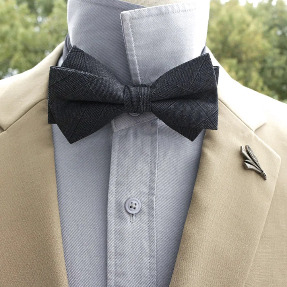 2 Pieces Set New Wool Bow Ties For Men Bronze Brooches Striped Solid Gray Bowknot Fashion Double Layer Soft Butterfly Tie Set