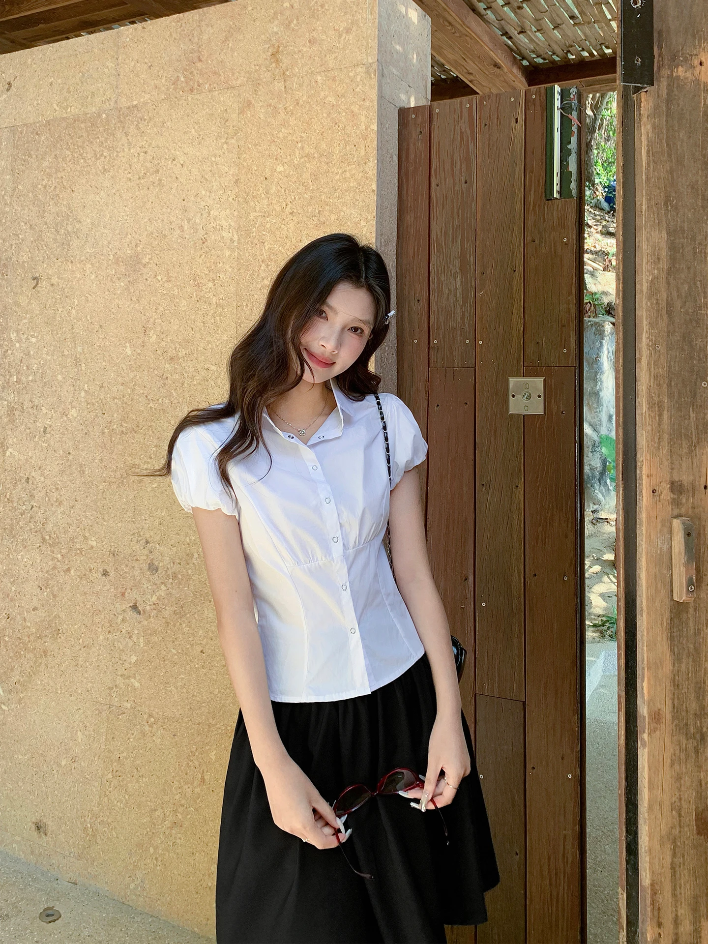 

White Little Fish Pure Desire Commute Style Short Sleeve Shirt Women's Summer New Waist-Cinching Unique Beautiful Shirt