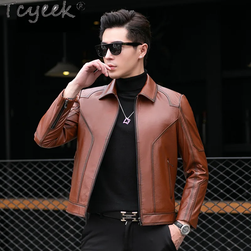 Tcyeek Men Leather Coat Genuine Leather Man Jackets Top Layer Cowhide Motocycle Jacket Autumn Clothes Chaquetas Hombre Tide 2024